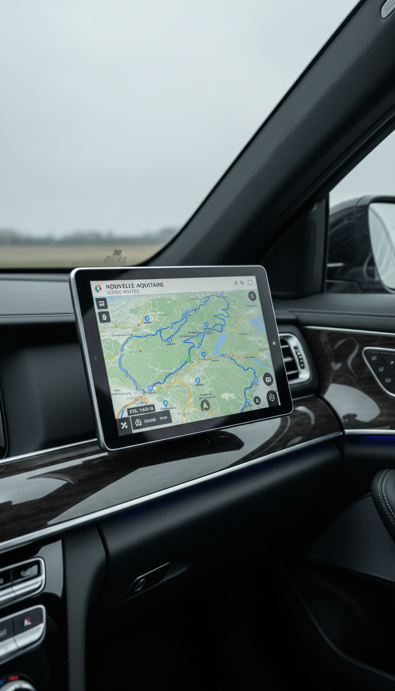 A modern GPS-enabled tablet device mounted securely on a high-gloss dashboard, displaying a detailed map of Nouvelle-Aquitaine’s scenic routes. The backdrop is the matte, streamlined interior of a premium VTC car, with subtle chrome accents and textured charcoal surfaces. Cool, overcast daylight fills the cabin via large, tinted windows, generating an even, neutral illumination that minimizes reflections. The mood is composed and reassuring, emphasizing technological sophistication. Captured from a close, side perspective, the image highlights usability and navigation, reinforcing the site’s commitment to precision and client-focused service.
